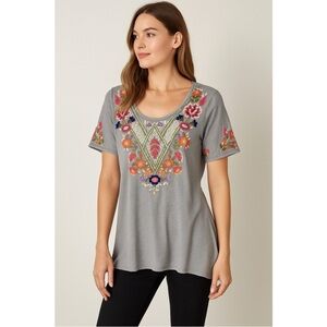 Johnny Was | Gray Top with Colorful Embroidery